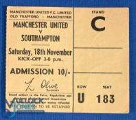 TICKET: 1967/68 Div. 1 Manchester Utd v Southampton 18 November 1967 Stand C, seat 183 ticket;