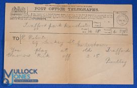 Pre-WW1 Manchester United Football Club Ltd Post Office telegraph to R. Roberts: you are selected to