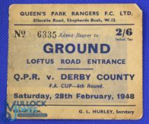 Ticket: 1948 FAC 6th round QPR v Derby County card match ticket 28 February 1948, Loftus Road
