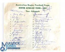 1963 Wallabies Official Hand signed Autograph Sheet: 32 signatures on official headed paper. VG