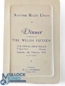 1932 Scotland v Wales Rugby Dinner Menu: 4pp card from the Royal Arch Halls, Edinburgh. VG