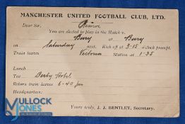 Pre-WW1 1914/1915 Manchester United Football Club Ltd player selection card for away match at Bury