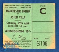TICKET: 1966/67 Div. 1 Champions Manchester Utd v Aston Villa 29 April 1967, Stand C, seat S196