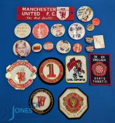 c1970 Manchester United Football Pin Badges, Patches, Sign, with a darts patch and England badge