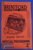 Pre-War 1936/1937 Brentford v Manchester Utd Div. 1 match programme 10 October 1937; good. (1)