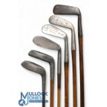6x Assorted Golf Clubs a J Tulloch straight blade metal putter, Mills Ray model mallet head putter
