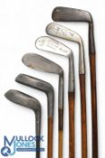 6x Assorted Golf Clubs a J Tulloch straight blade metal putter, Mills Ray model mallet head putter