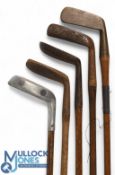 5x Assorted putters to incl Brown Vardon metal mallet head, similar style model stamped Celtic,