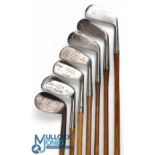 7x Assorted Golf Irons in bright metal incl Carstairs Links Leven spade mashie, M Mitchell St