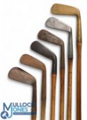 5x Assorted Irons t/w a brass straight blade putter, incl Special deep faced mashie, cleek showing