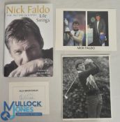 Nick Faldo Autobiography: Life Swings together with black & white press photo, signed card and