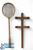 Period Wooden Squash Racket, with an unusual press not just for the head but for the length of the
