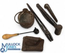 Period Golf Club Maker Tools, casting items, to include a club head mould, kettle, tongs and metal