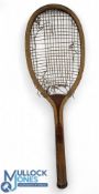 c1910 Unbranded Wooden Tennis Racket having an unusual Valigold neck, worn gut strings leather
