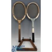 2x Period Wooden Tennis Rackets, a Riverside hardcourt racket, with a good leather butt cap