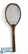 c1910 Star Wooden Tennis Racket: concave neck marked star to frame head - with original gut