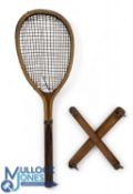 c1880 Tilt Top Wooden Tennis Racket, convex neck (showing signs of damage), thin handle with fine