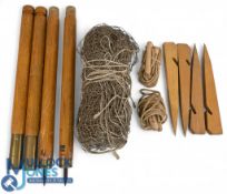 Period French Patented Lawn Tennis Court Kit, collapsible posts with brass middles, net, stakes,