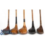5x Assorted socket neck woods incl a light stained large head stripe topped driver stamped A Tingey,