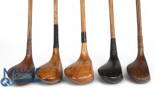 5x Assorted socket neck woods incl a light stained large head stripe topped driver stamped A Tingey,