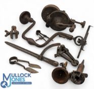 Period Golf Club Maker Tools, to include antique brace and bit, grinding tools, clamps, shaving