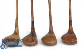 4x Large head socket neck woods incl JH Taylor autograph stripe top spoon, W Syme St Andrews