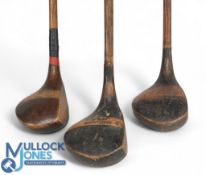 3x Large head stripe top socket neck woods incl 2x drivers; JH Taylor autograph and Ted Pars own