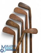 6x Assorted irons for restoration incl ribbed faced mashie, Carruthers patent bore through lone
