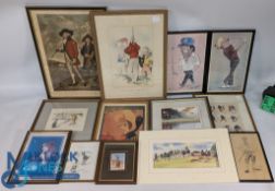 Golf Prints Engravings, a mixed collection to include Blackheath Coffers - man v women hand coloured