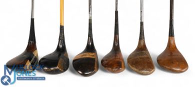 5x various Persimmon woods incl 2x stripe top A H Monk woods, MacGregor Tourney 5 wood, dark stained