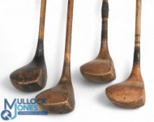 4x Assorted Socket neck woods incl a large head spoon stamped JH Taylor to the stripe topped crown