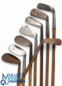 8x Assorted clubs incl R Forgan flag model 4 iron, Pirie of Glasgow, 2x niblicks, a mashie and