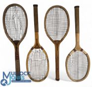 4x Good Period Wooden Tennis Rackets, with examples of SM, the Royal retailed by W T Carter