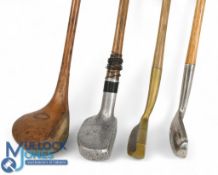 4x Various Hickory Golf clubs - to include a 'Schenectady' centre shaft alloy head putter with HMK