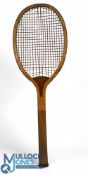 c1900 Sam Wooden Tennis Racket: indistinct maker mark to leather butt cop with convex neck - good
