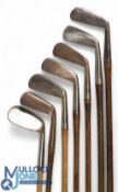 7x Assorted irons incl Macgregor of Daytona mid-iron, driving iron showing the Lion cleek mark,