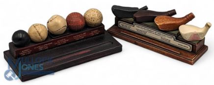 2x Resin Pen Rest Models: The Development of the Golf Ball and Club, a fine resin model on stand,