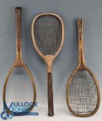 3x Period wooden Flat Top Tennis Rackets: the Tethered Horseman with convex wedge and leather butt