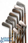 10x Assorted smooth and face marked irons incl lofting iron, F West mashie, Tom Stewart serpent