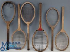 6x Period Small & Junior Juvenile Wooden Tennis Rackets: with a good, marked Junior, a small early