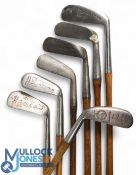 7x Assorted bright clubs incl a left hand Birdie rangefinder iron, Gamage of London mashie,