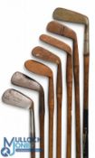 7x Assorted clubs for restoration long irons, lofting irons, mashie niblick and mashie - all with