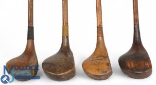 4x Assorted socket neck woods a large head shallow faced driver dark stain persimmon stamped Claud