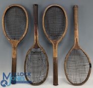 3x Period wooden Flat Top Tennis Rackets: to include the Practice, with convex wedge leather butt