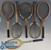 6x Assorted period wooden Tennis Rackets: to include The Advanced - concave wedge Hunt Brixton,