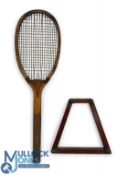 c1910 Period Tennis Racket Elongated Head - retailed by F Davis London, concave neck thick gut