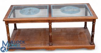 1985 Ryder Cup Golf glass topped Coffee Tables, with 2 engraved panels depicting the teams and The