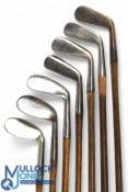 7x Tom Stewart assorted irons - incl with an early pipe mark A Beck of Filey small headed cleek,