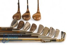 12x Steel shafted clubs including 3x stripe top woods one stamped James Braid, and an assortment