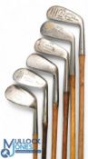 6x Assorted Golf Irons - a large head Spalding gold medal niblick, E Wilson mashie niblick with